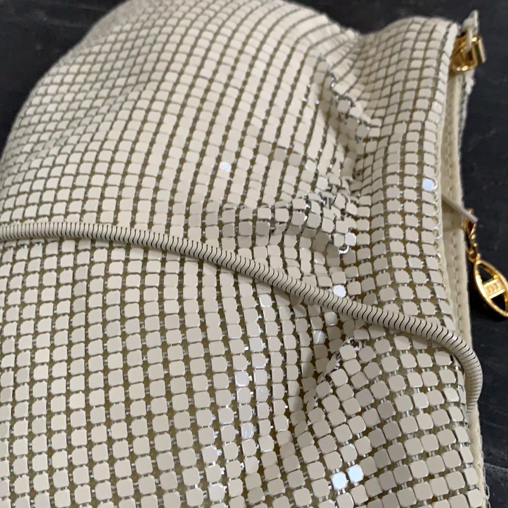 Mesh pouch style bag in cream w gold tone hardware